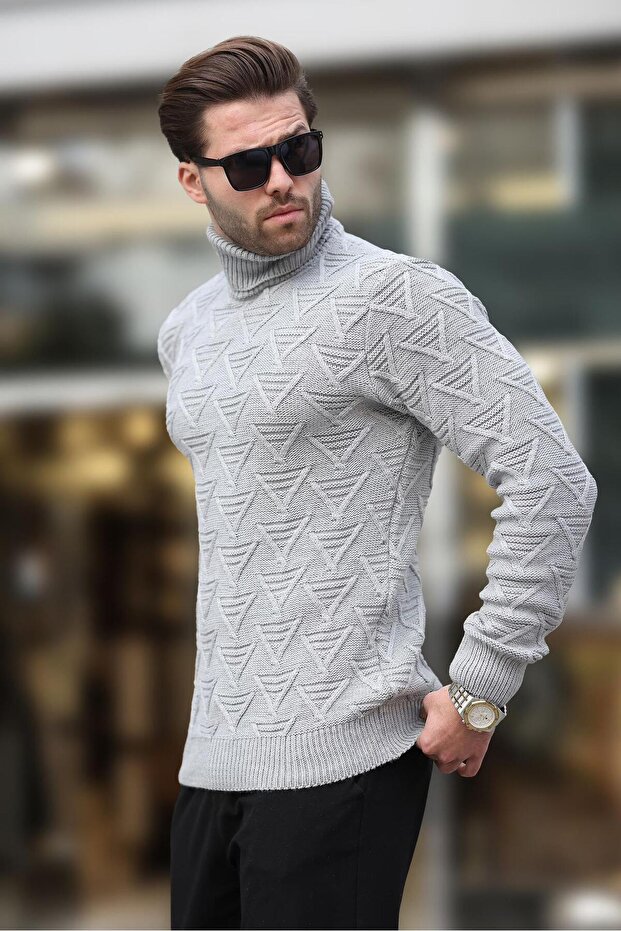Gray Turtleneck Patterned Men's Sweater E7292 - 2