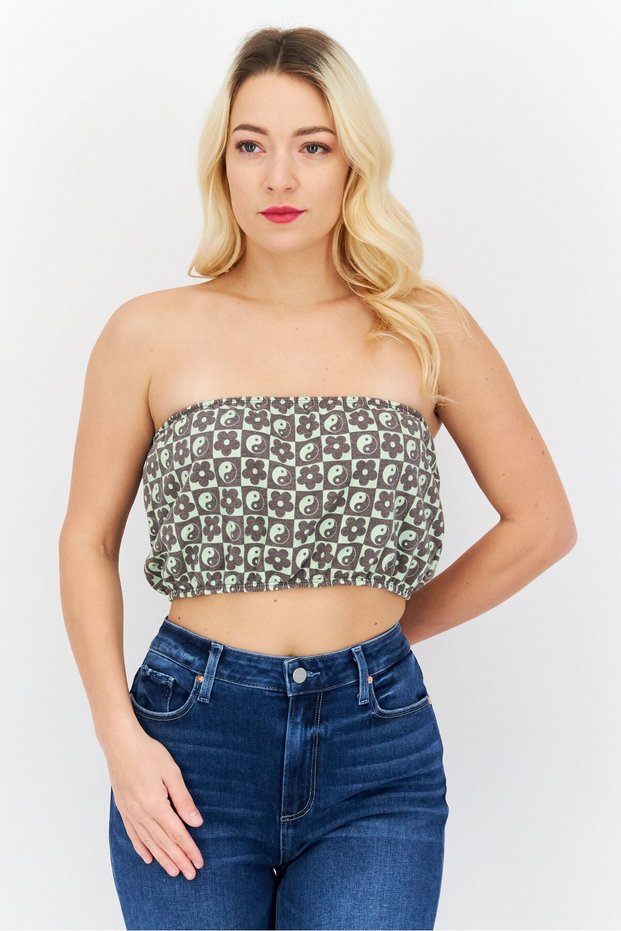 Women Straight Across Strapless Printed Bandeau Top, Multicolor