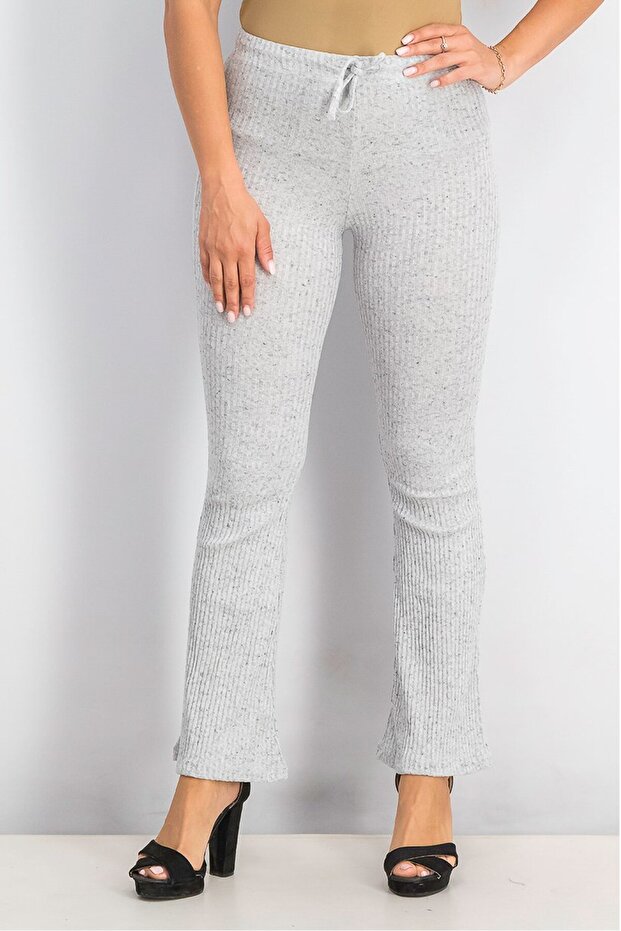 Women Regular Fit Ribbed Drawstring Flared Hem Pant, Grey