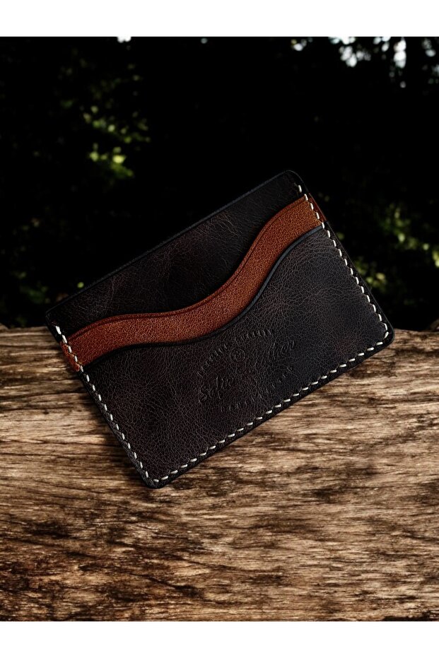 Handmade Genuine Leather Card Holder - Brown and Tan Color, Minimalist 5 Compartment Design