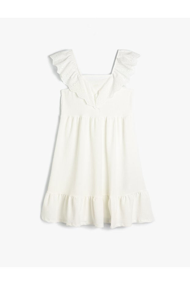 Sleeveless Dress - Detailed Ruffle with V Neck