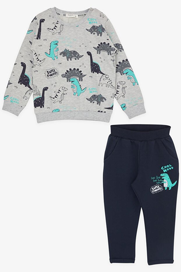Baby Boy Tracksuit Set, Cheerful Animals Patterned, 9 Months-3 Years, Gray Melange