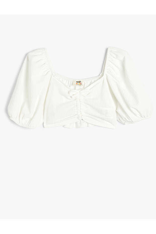 Crop Blouse Short Balloon Sleeve Gathered Front