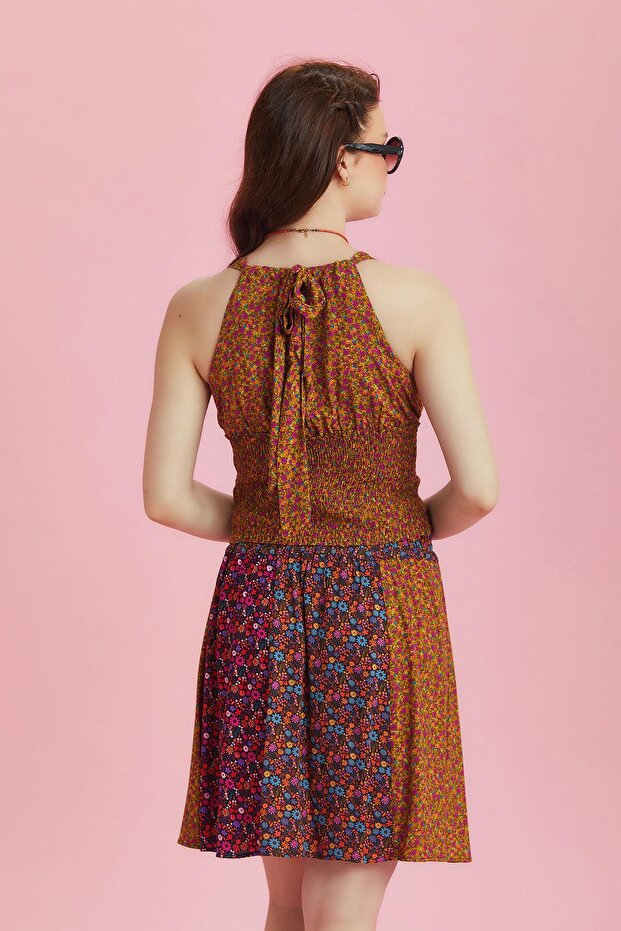 Desenli Patchwork Parçalı Mini Etek - 7