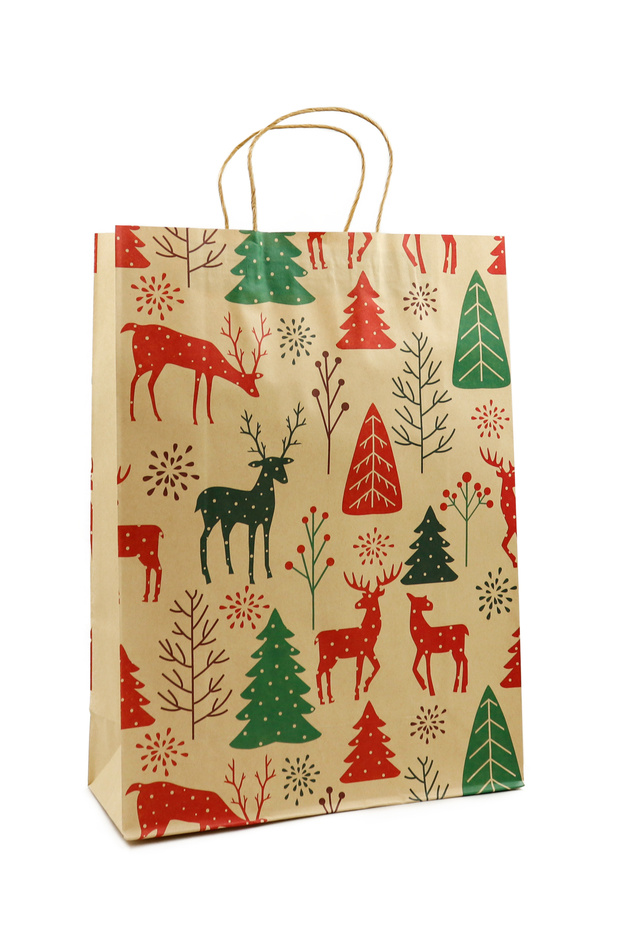 31x42 Yılbaşı Temalı Kraft Kağıt Poşet 2 Adet ( Çam Agacı ve Geyik Desenli ) - 1