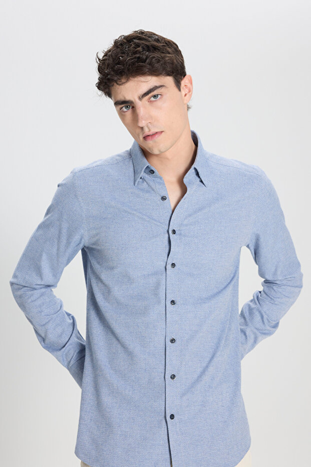 Erkek Mavi Slim Fit Dar Kesim Klasik Yaka Flanel Gömlek - 4