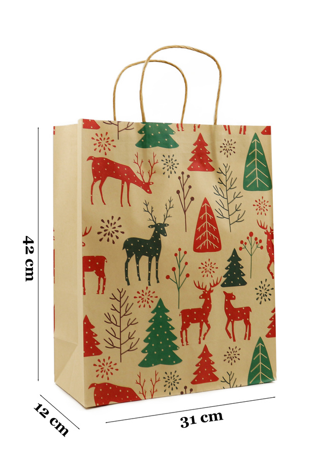 31x42 Yılbaşı Temalı Kraft Kağıt Poşet 2 Adet ( Çam Agacı ve Geyik Desenli ) - 3