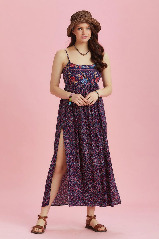 Women's Floral Print Dress with Slit Straps