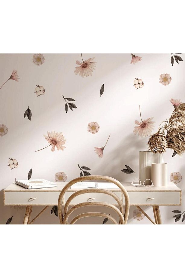 Pastel Soft Çiçekli Yapraklar Duvar Sticker Çayır Çiçek Botanik Boho Duvar Dekorasyonu - 1