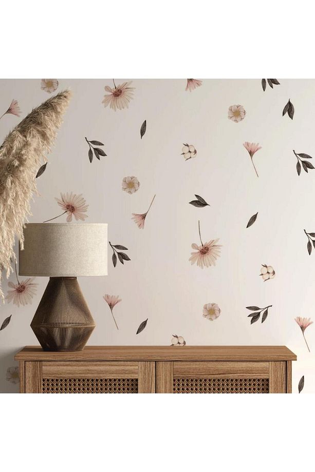 Pastel Soft Çiçekli Yapraklar Duvar Sticker Çayır Çiçek Botanik Boho Duvar Dekorasyonu - 4