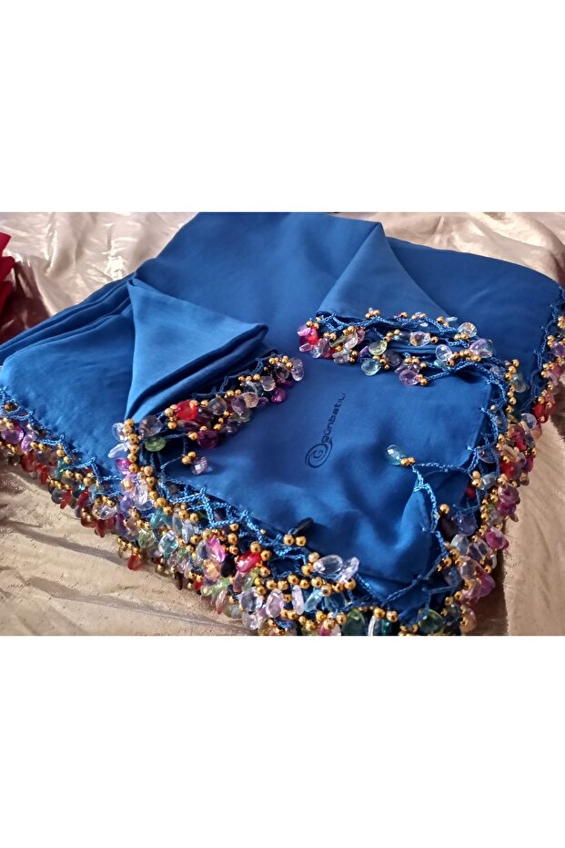 Handmade Crystal Drop Stone Beaded Writing, Cheesecloth Yemeni, Scarf, 4 Edge-Embroidered