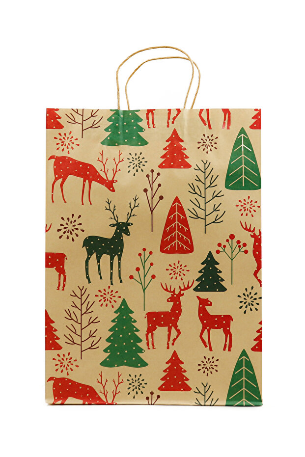 31x42 Yılbaşı Temalı Kraft Kağıt Poşet 2 Adet ( Çam Agacı ve Geyik Desenli ) - 2