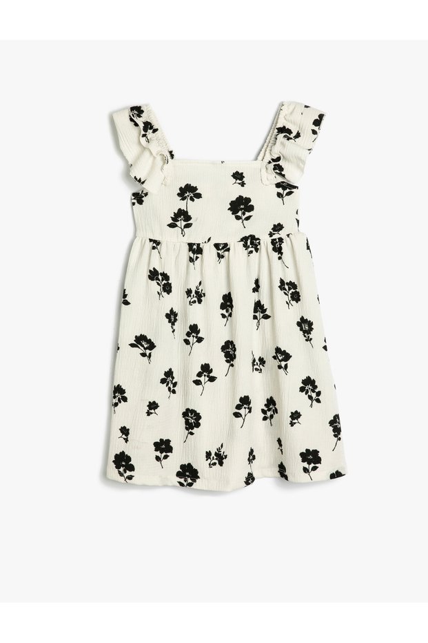 Frill Detailed Floral Patterned Textured Strappy Dress