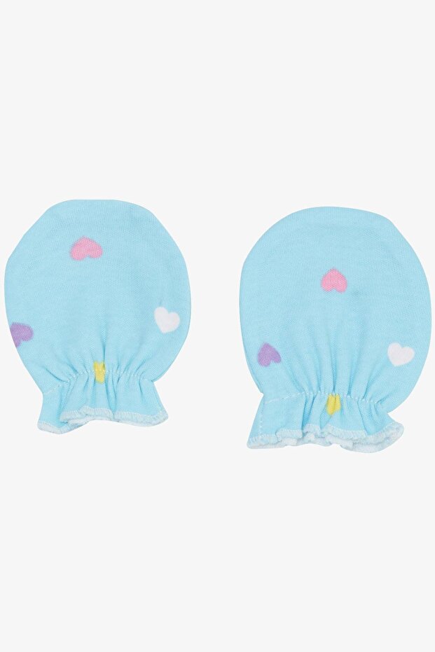 Newborn Baby Gloves, Colorful Heart Patterned, Light Blue