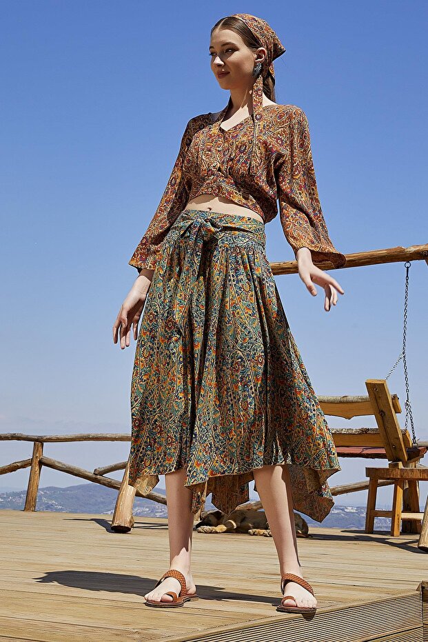 Loose Midi Flared Skirt with Tie Waist