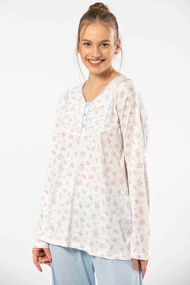 3366 Women's Plus Size Long Sleeve Pajama Set-Blue