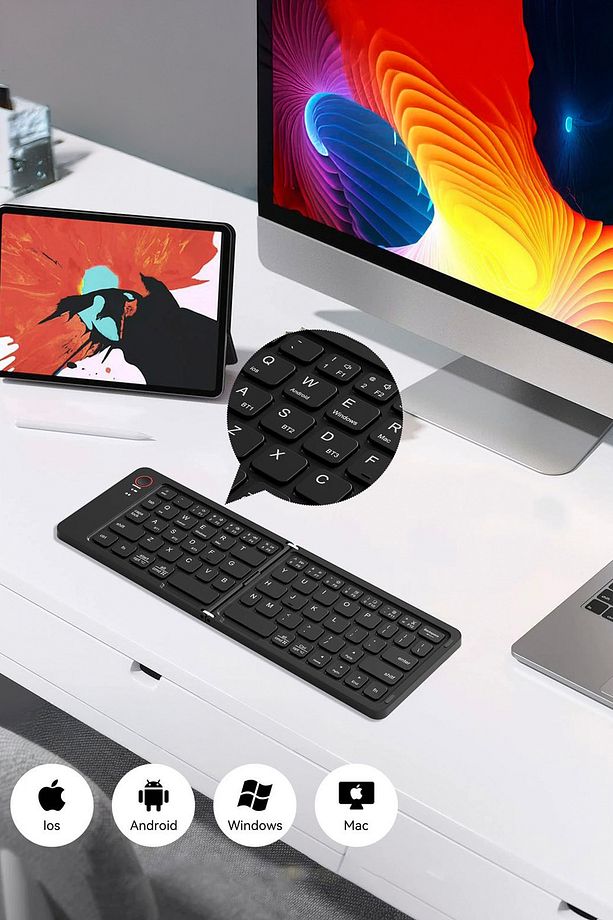 TK-08  Uyumlu Siyah Kablosuz Katlanabilir Şarjlı Taşınabilir Mini Bluetooth Klavye - 5