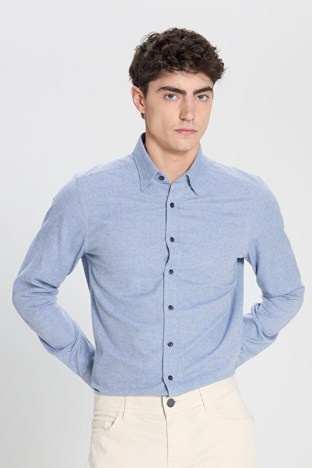 Erkek Mavi Slim Fit Dar Kesim Klasik Yaka Flanel Gömlek - 1