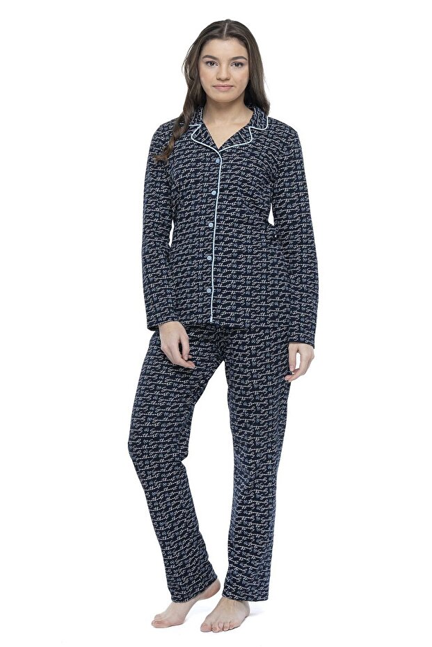 3959 Women's Navy Blue Long Sleeve Pajama Set with Placket - dark blue