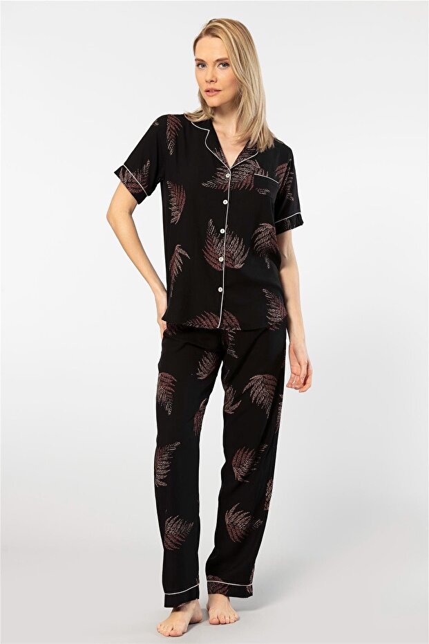 3604 Women's Short Sleeve Woven Shirt Pajama Set-Black
