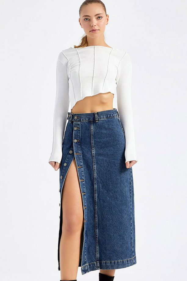 Yüksek Bel İki Cepli Yıkamalı Likrasız Önü Boydan Düğmeliı Şık ve Cool Uzun Kalem Denim Kot Etek - 5