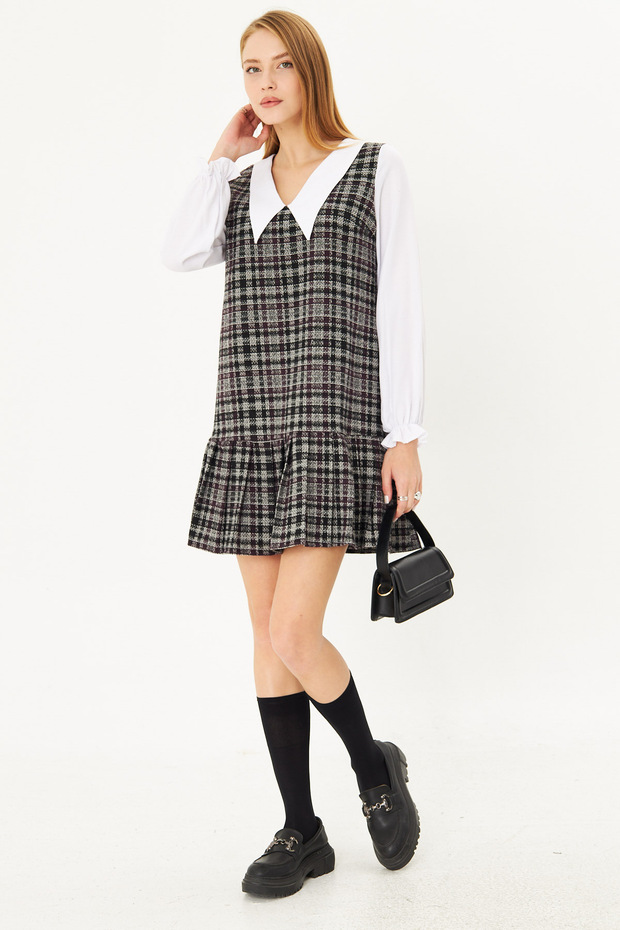 Women's Purple Tweed Skirt Pleat Detail Shirt Neck Mini Dress Arm-24K 001072