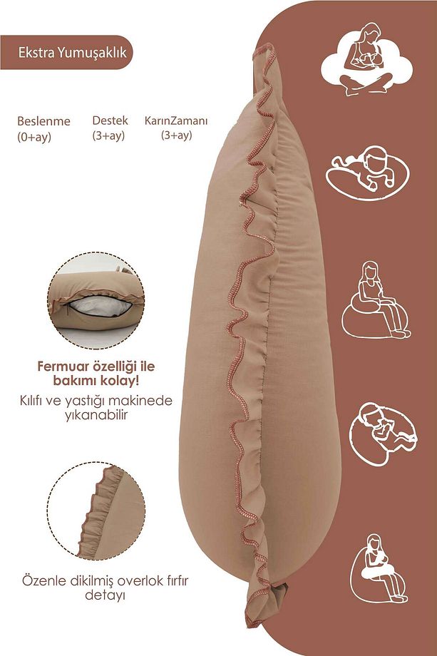 Fırfırlı Emzirme Yastığı, Bebek Destek Minderi, Hamile Yastığı, Pamuk Kumaş, Ruffle Seri, Kapiçino - 3