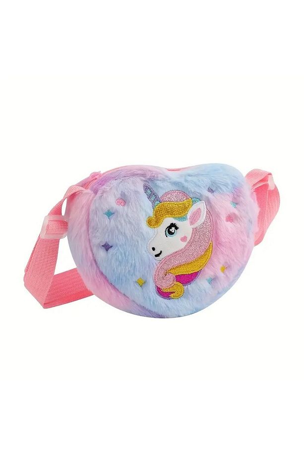 Peluş Unicorn İşlemeli Kalp Çapraz Çanta - Ayarlanabilir Askılı - 1