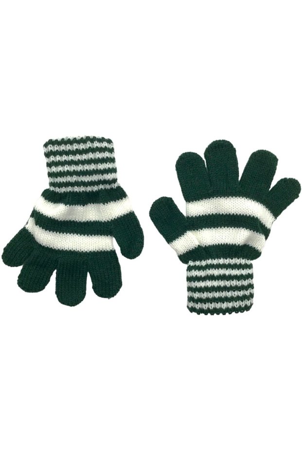 Children's Winter Dark Green Color Soft Textured Striped Patterned Knitwear Knitted Gloves Glove