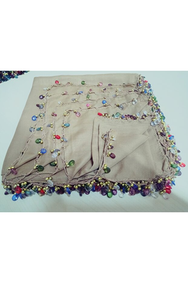 Handmade Crystal Drop Stone Beaded Writing, Cheesecloth Yemeni, Scarf, 4 Edge-Embroidered