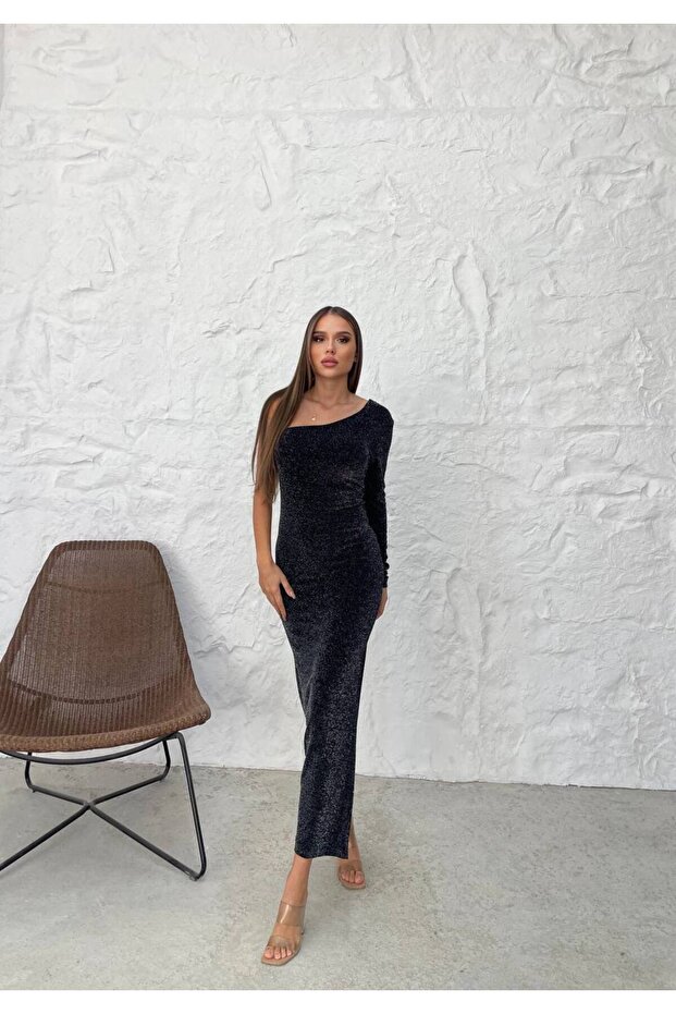 Simli Kumaş Tek Omuz Midi Boy Şık Abiye Elbise - Kına Elbisesi - 3