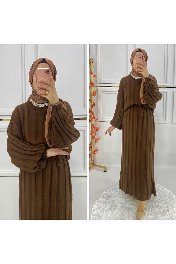 Kadın Acı Kahve Triko Uzun Elbise - 266 - 1