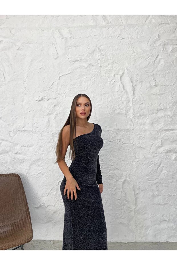 Simli Kumaş Tek Omuz Midi Boy Şık Abiye Elbise - Kına Elbisesi - 4