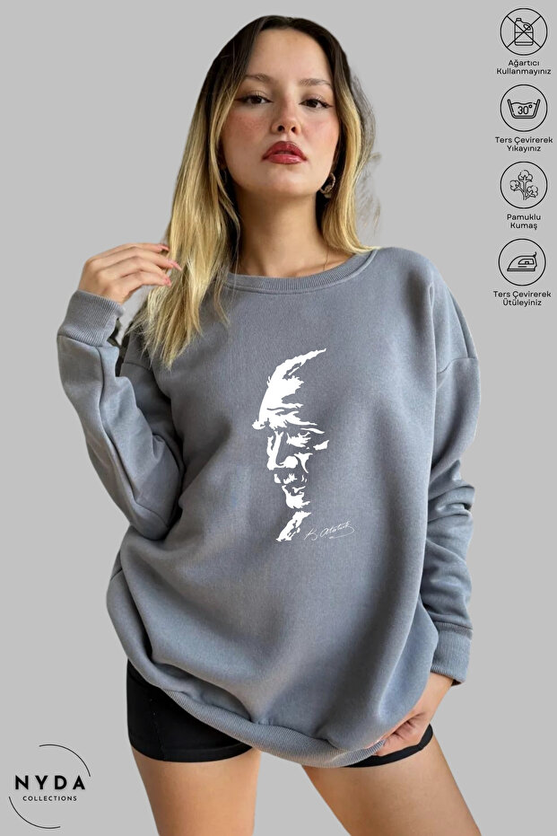 Unisex Long Sleeve Ataturk Silhouette Printed Crew Neck Hoodless Raster Oversize Sweatshirt