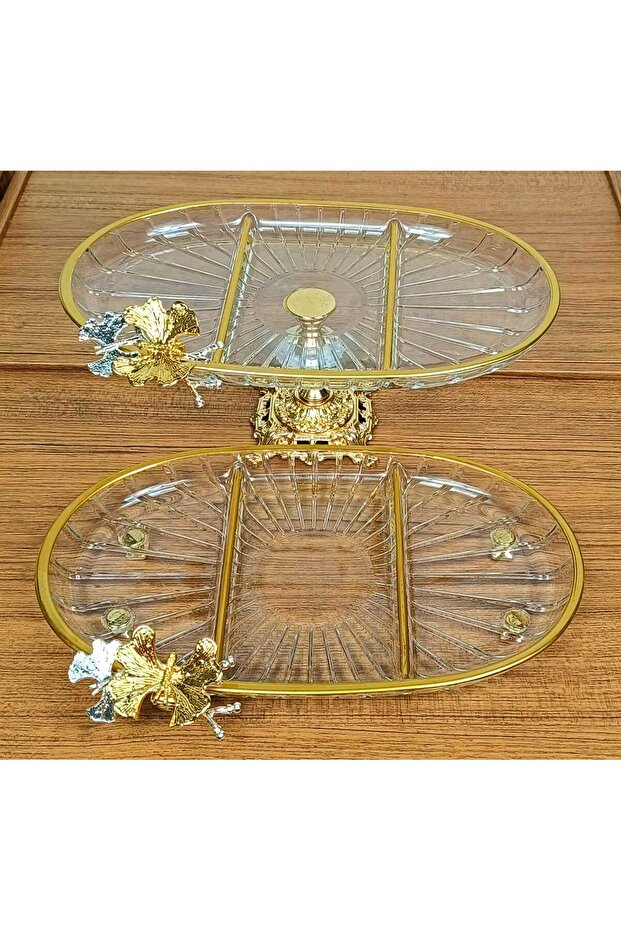 Pack of 2 Pasabahce Crystal Metal Legs Gold Gilded Oval Compartment Cake Presentation Dispenser