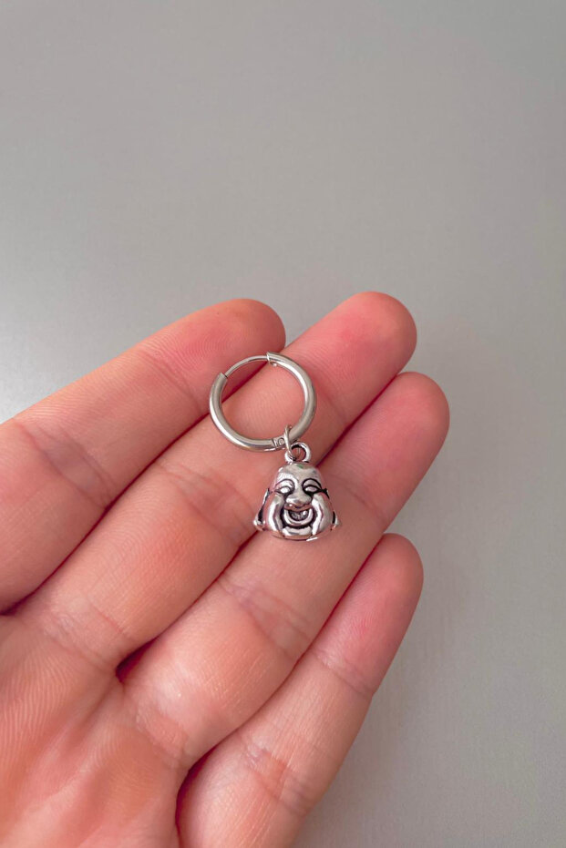 Unisex Silver Buddha Figured Steel Hoop Earrings
