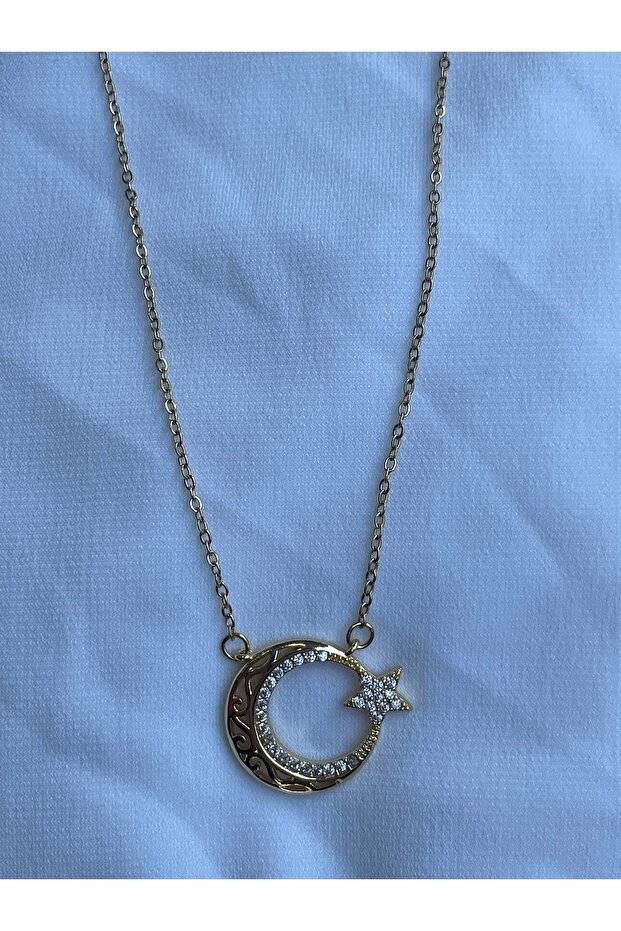 Gold Stone Steel Moon Star Necklace