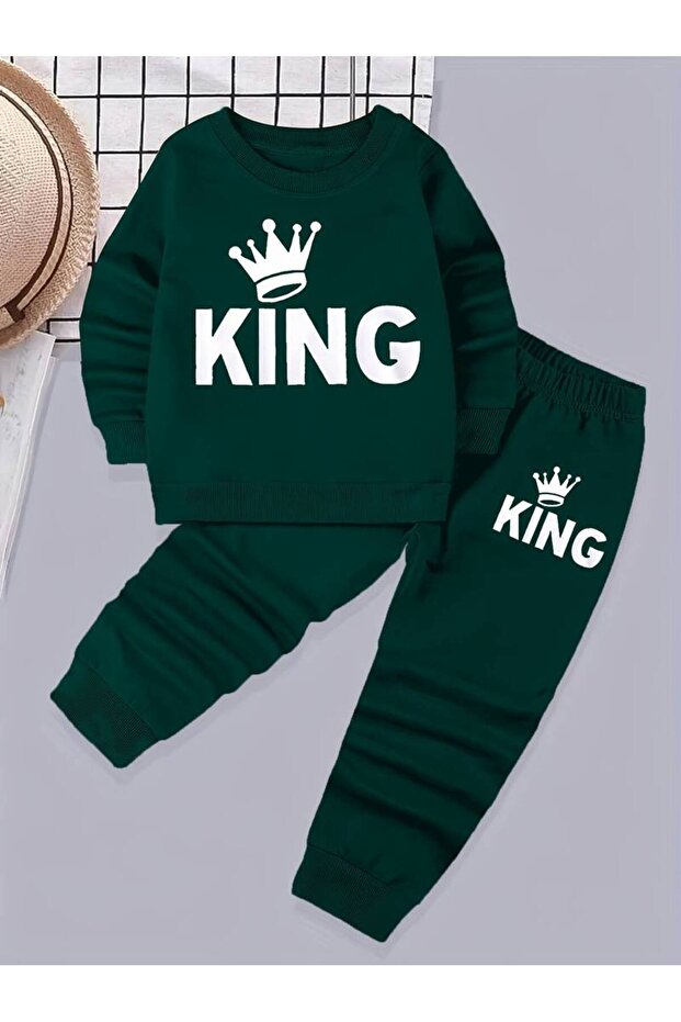 Green King Printed Children's Unisex Sweatshirt Set