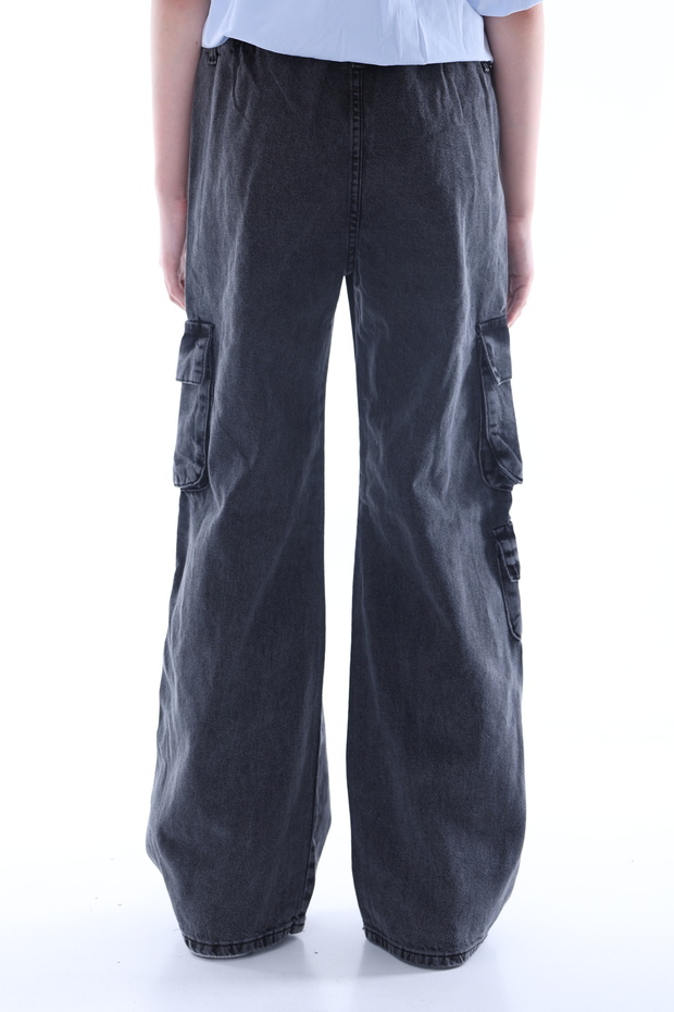 Kız Çocuk %100 Pamuk Oversize Kargo Cepli Beli Lastikli Pamuk Kot Pantolon - 8