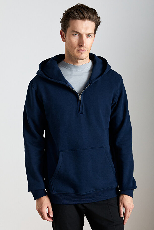 Cancelled Men's Cotton Hooded Zippered Neck Navy Blue Sweatshirt