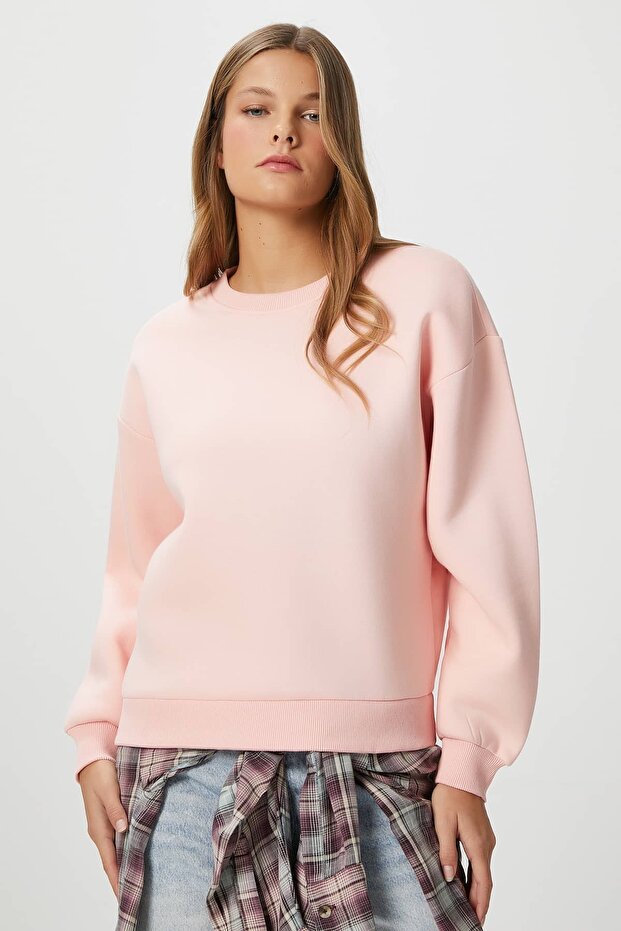 Kadın Cozy İçi Polarlı Soft Pembe Basic Bisiklet Yaka Pamuklu Kalın Örme Sweatshirt - 4