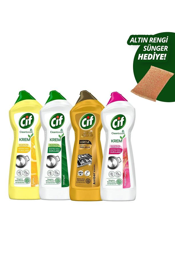 Krem Altın Işıltısı Yüzey Temizleyici 750ml Limon Amonyak Frezya Ve Müge Çiçeği Sünger Hediye - 1