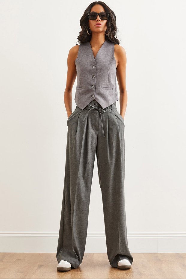 Women's Smoked Fabric Detailed Lace-Up Polyviscon Wide Leg Pants with Pockets Pnt-19000300