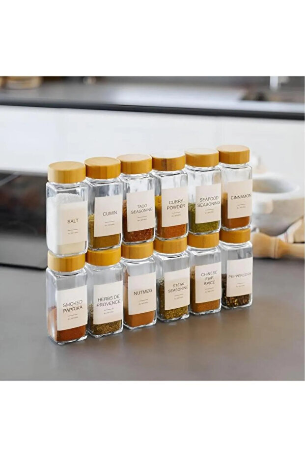 12-Piece Spice Jar Bamboo Lid Jar with Sprinkler Head Spice Rack with Turkish Label