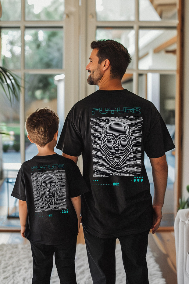 Siyah Erkek Çocuk Sırt Baskılı Baba-Oğul Örme T-Shirt TKDAW25TS00018 - 1