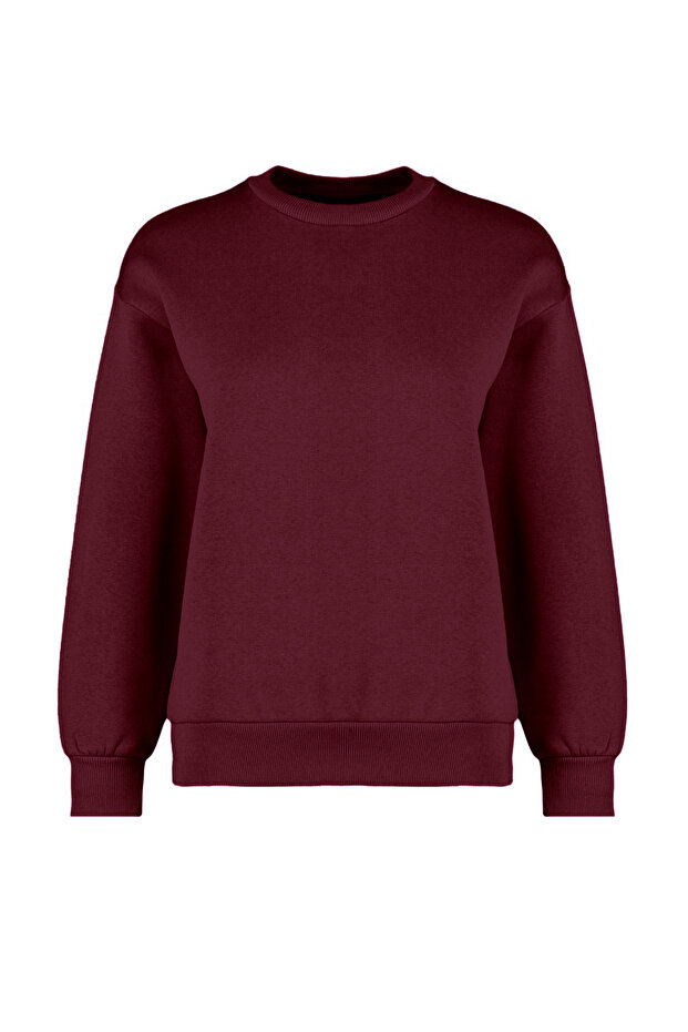Bordo Kalın İçi Polarlı Regular/Normal Kalıp Bisiklet Yaka Basic Örme Sweatshirt TWOAW24SW00101 - 8