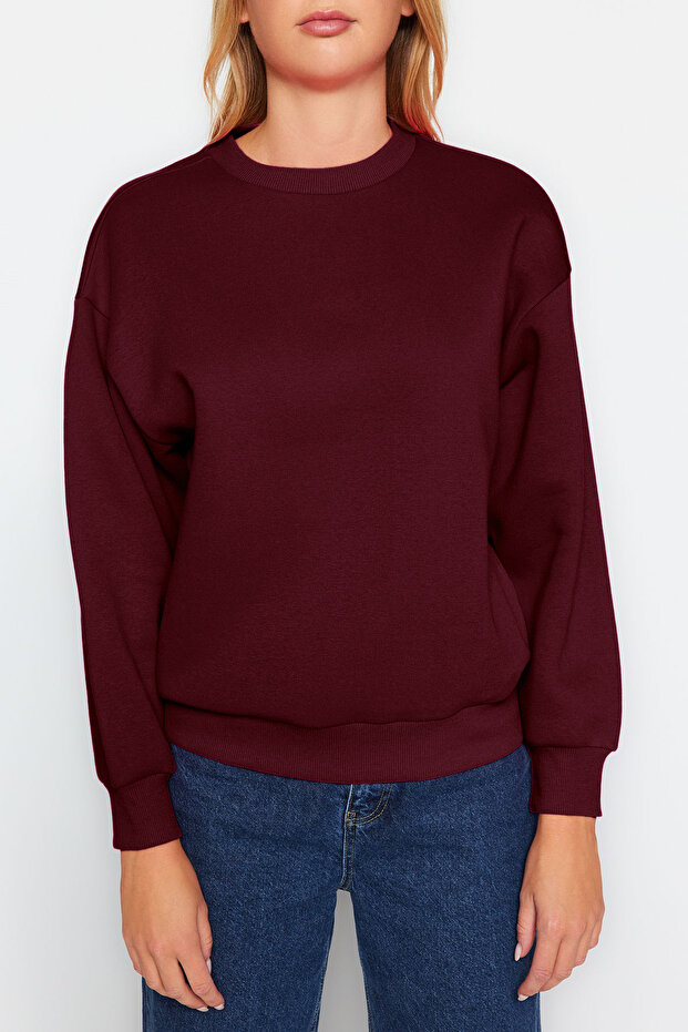 Bordo Kalın İçi Polarlı Regular/Normal Kalıp Bisiklet Yaka Basic Örme Sweatshirt TWOAW24SW00101 - 3
