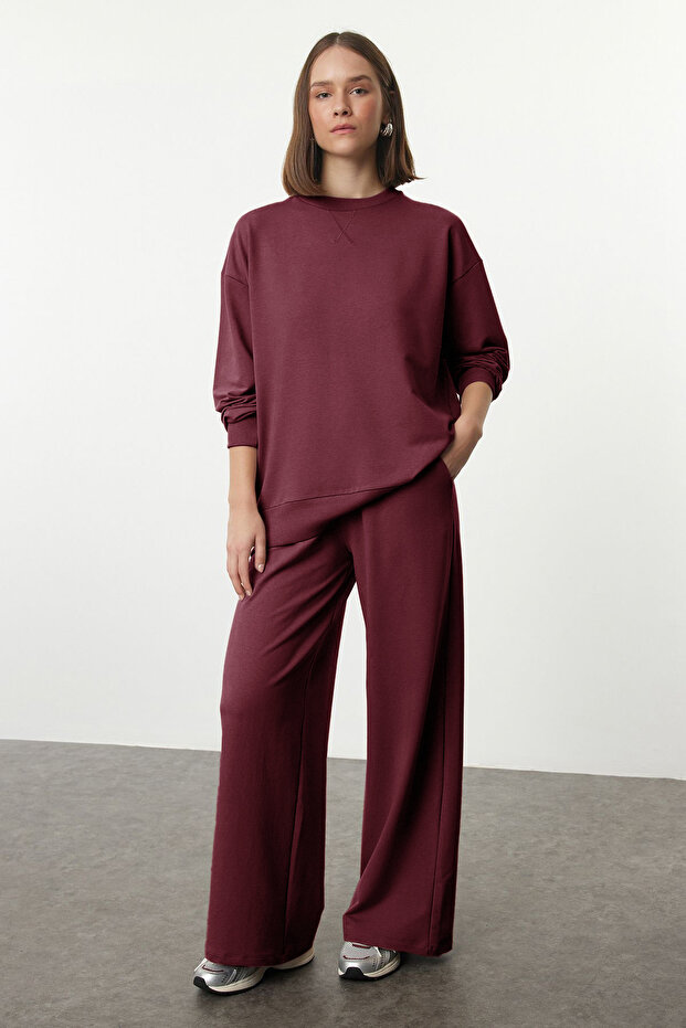 Bordo Relaxed/Rahat Kalıp Wide Leg/Geniş Paça Örme Sweatshirt Alt Eşofman Takımı TWOAW25EM00004 - 1