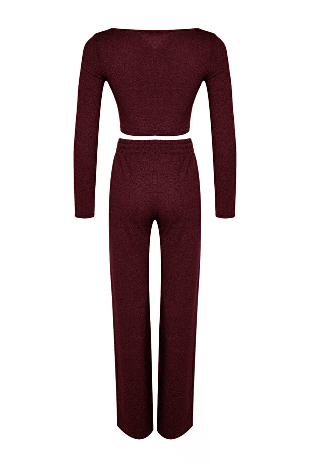 Bordo Yumoş Crop ve Wide Leg/Geniş Paça Örme Alt Üst Takım TWOAW23AU00125 - 8
