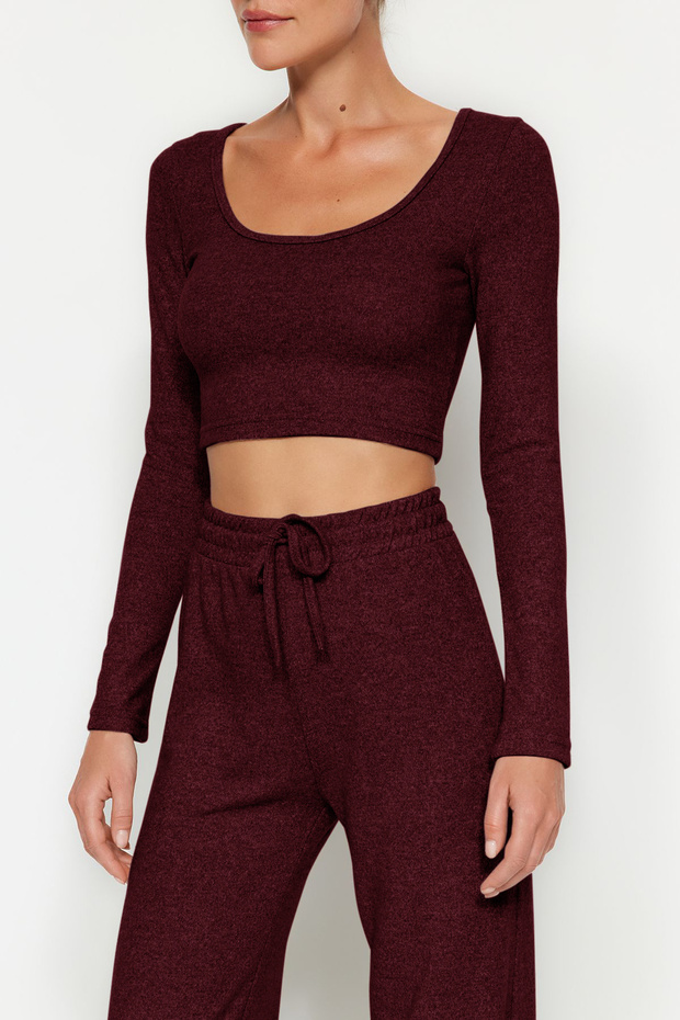 Bordo Yumoş Crop ve Wide Leg/Geniş Paça Örme Alt Üst Takım TWOAW23AU00125 - 5